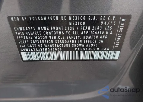 2015 Volkswagen Jetta 2.0L S из США, поврежденный, VIN 3VW2K7AJ2FM343009